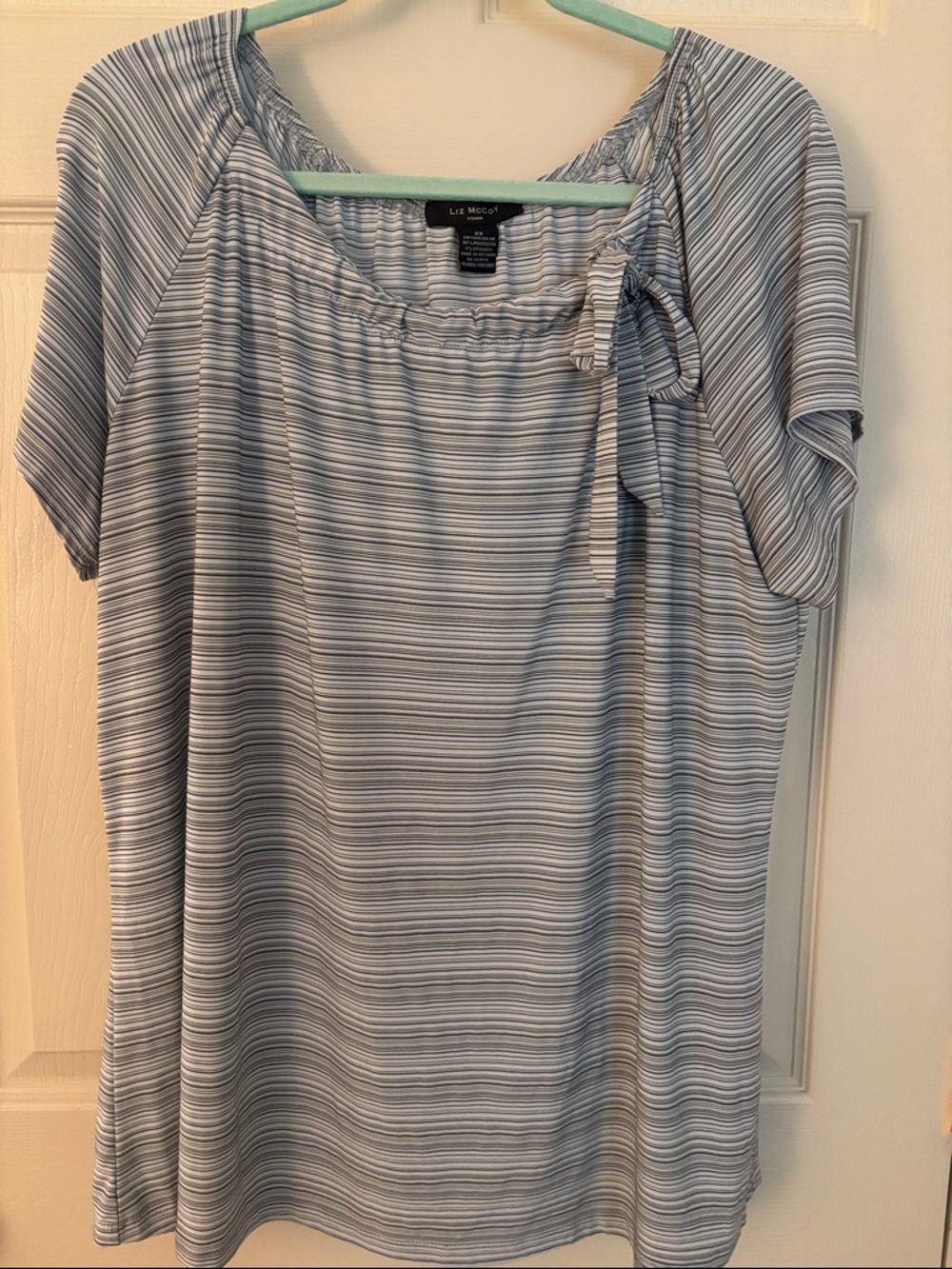 Light Blue Stripe Short Sleeve Stretchy Tie-Neck Blouse